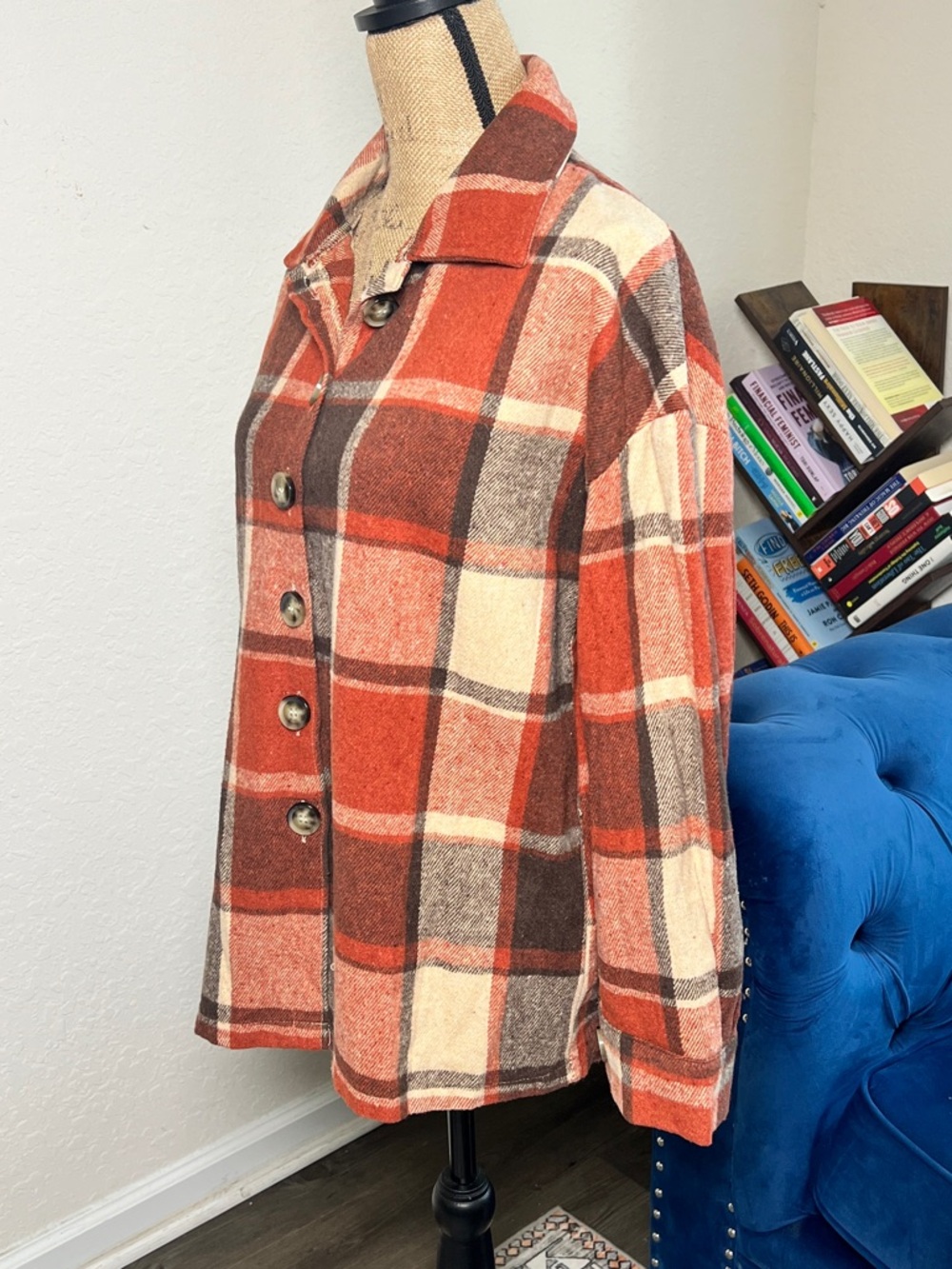 Plaid Button-Front Shacket - Rust & Cream - Picture 3 of 5